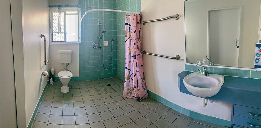 View of Accessible Bathroom with blue tiles and pink curtain