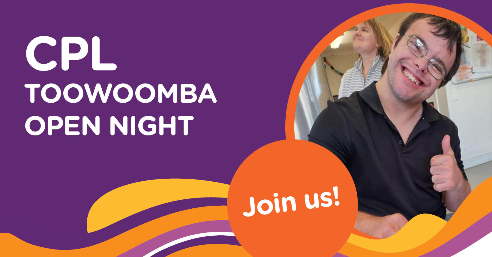 Toowoomba open night header image with a person smiling in a circle frame