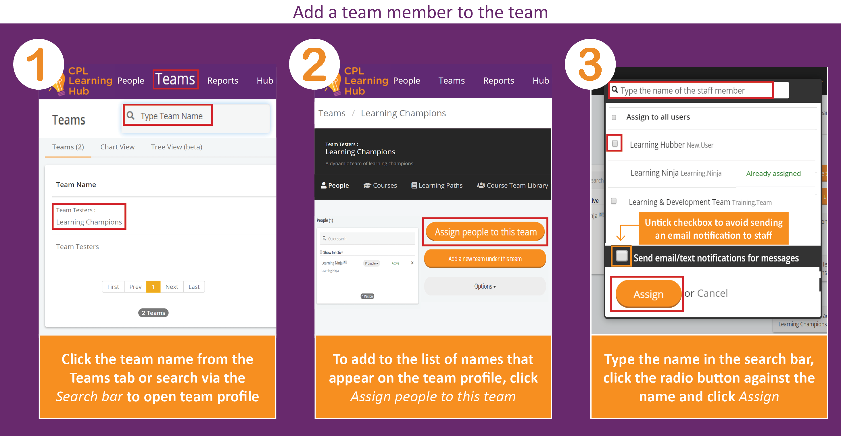 Screenshot displaying instructions for adding a team member