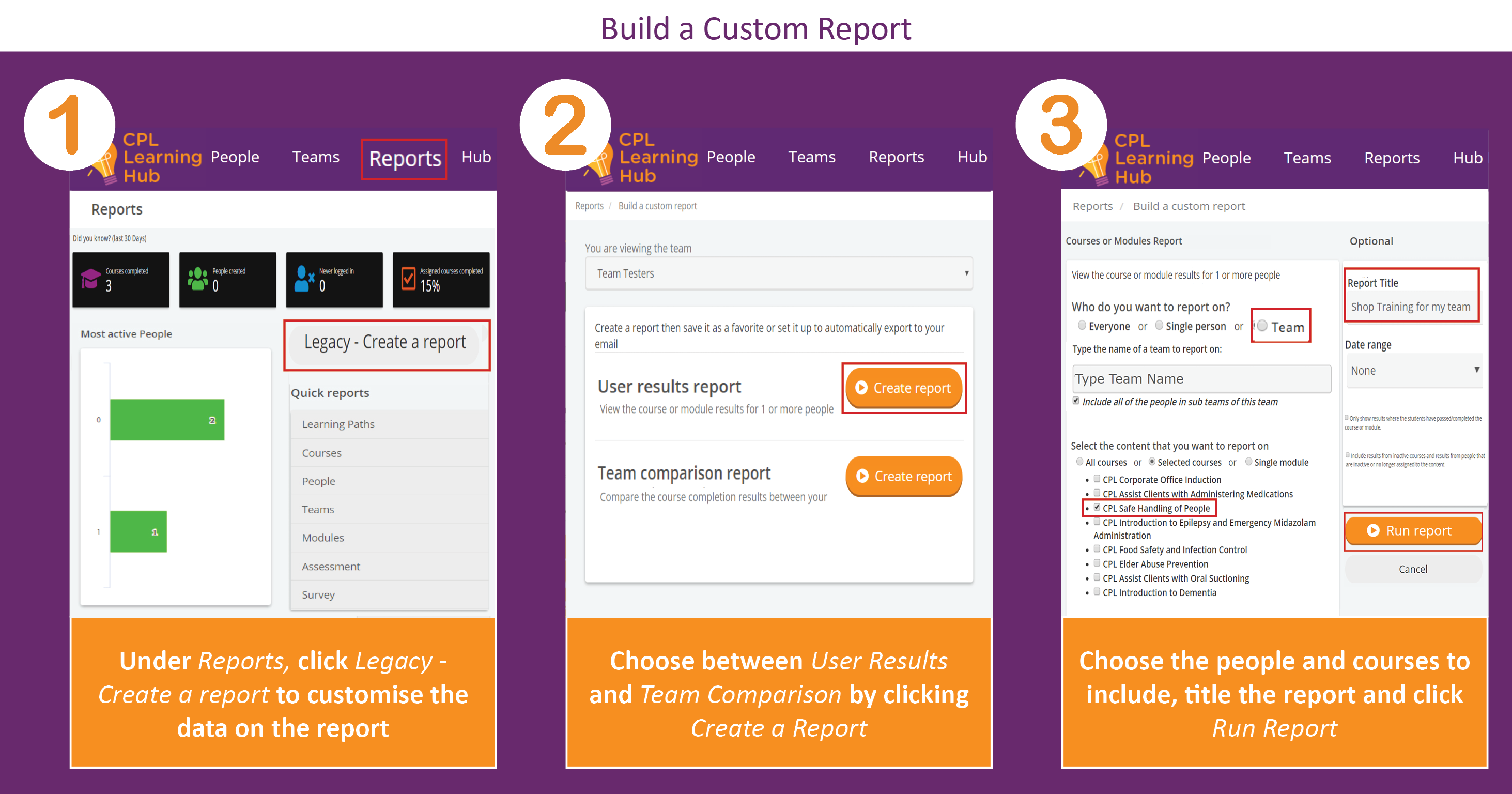 Building a custom report Screenshot displaying instructions for building a custom report