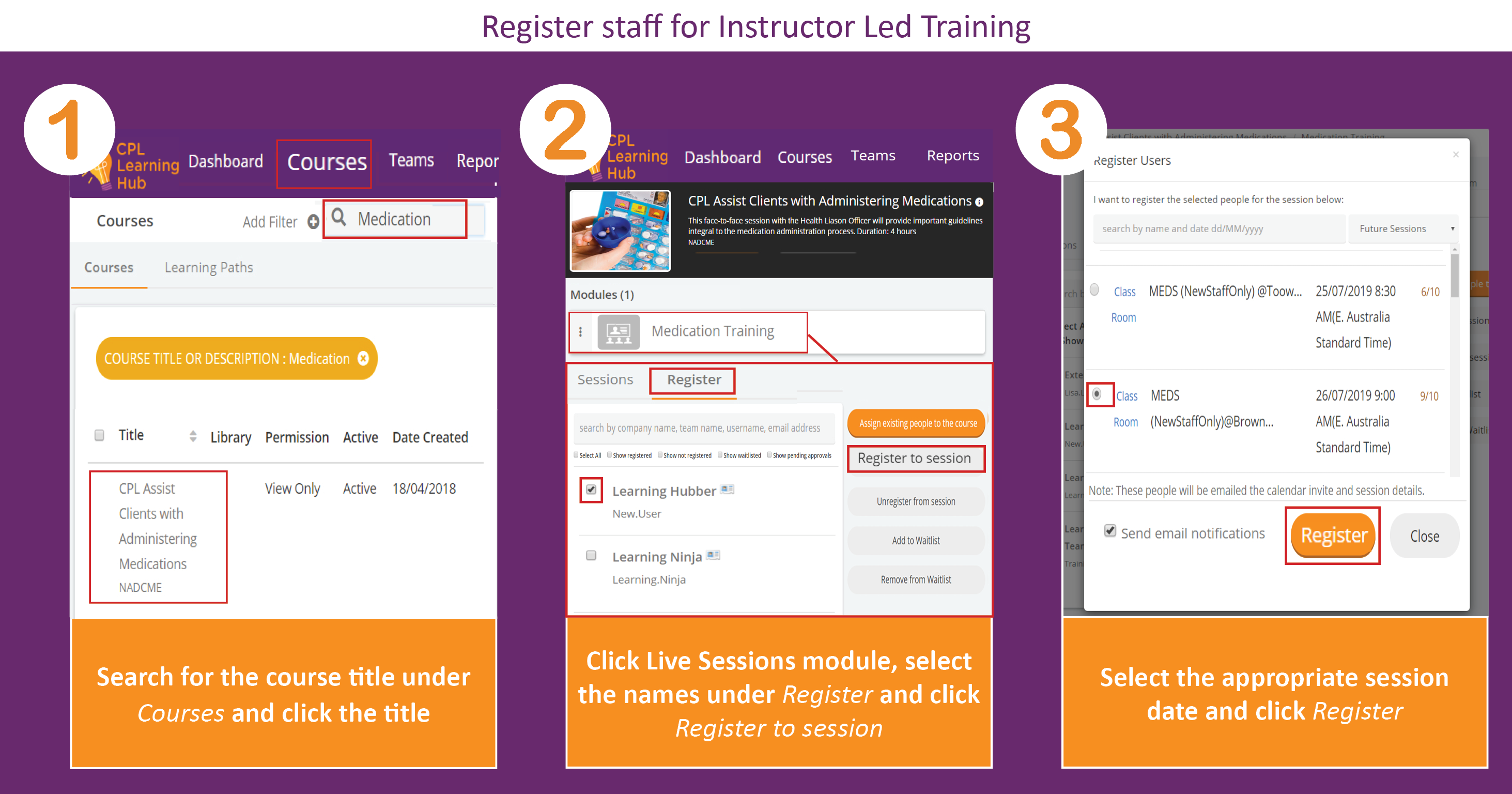 Register staff for instructor led training Screenshot displaying instructions for registering staff