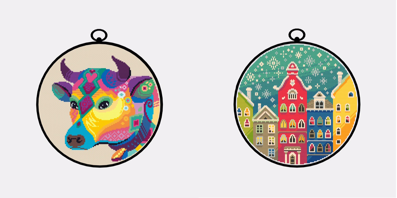 Images of tapestries created in the app. One shows a colourful cow face and the other a village scene with houses and snowflakes in the sky.