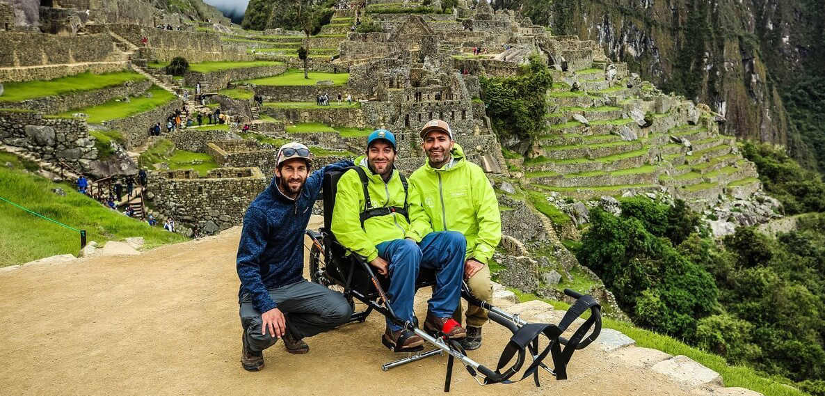 Three people in outdoor gear at Machu Piccu